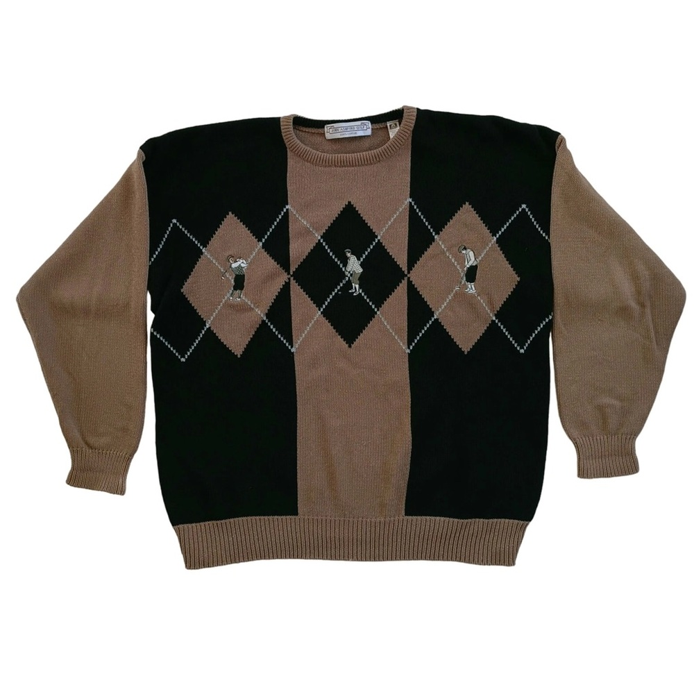 John Ashford Black and Brown Crewneck Sweater Argyle Design